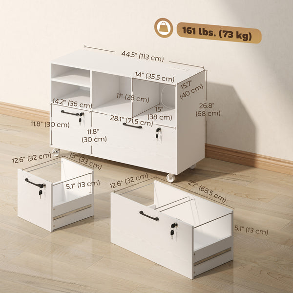 Mobile File Cabinet, 2-Drawer Lateral Filing Cabinet Printer Stand with Lock, Charging Station, Hanging Bars, White