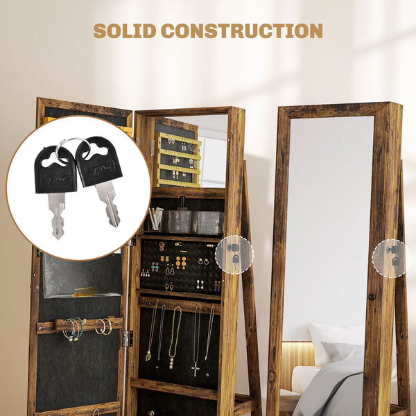 Armoire à bijoux pivotante à 360°, verrouillable, avec miroir intégré, brun rustique