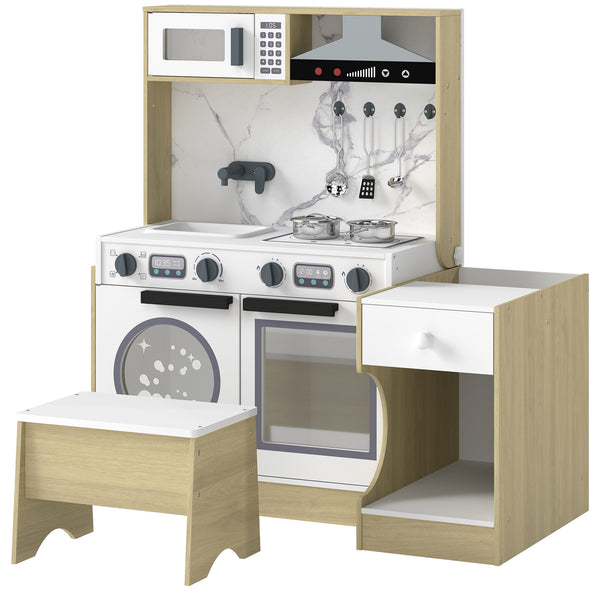 Qaba Kids Kitchen Playset, 2-in-1 Convertible Table and Chair Set with Sink, Oven, Microwave, Accessories for Ages 3-8