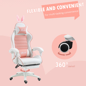 PU leather gaming chair with footrest, headrest and lumbar support, white and pink