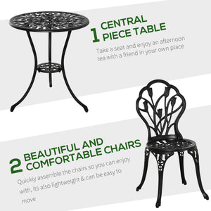 3PCs Patio Bistro Set, Outdoor Cast Aluminum Garden Table and Chairs with Umbrella Hole for Balcony, Black