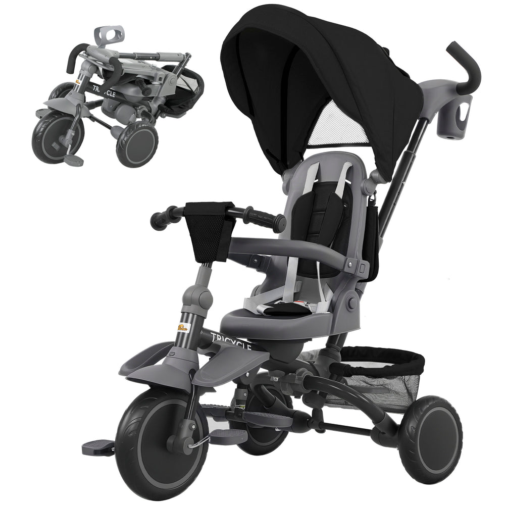 6 in 1 Toddler Tricycle for 1-5 Years Old with Push Handle, Removable Canopy, Swivel Seat, Black