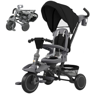 6 in 1 Toddler Tricycle for 1-5 Years Old with Push Handle, Removable Canopy, Swivel Seat, Black