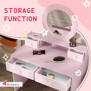 Coiffeuse avec miroir, tabouret et tiroirs de rangement, rose