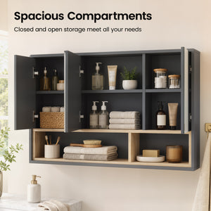 Armoire murale de salle de bain avec miroir et 8 compartiments de rangement, gris