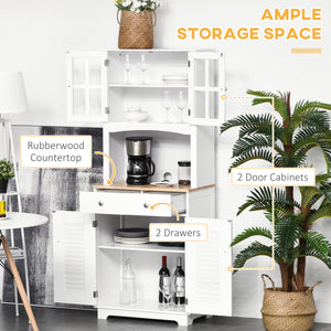 Coastal style kitchen sideboard and display cabinet with framed glass door, louvered drawers, white.