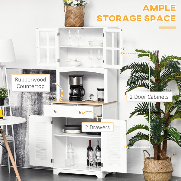 Coastal style kitchen sideboard and display cabinet with framed glass door, louvered drawers, white.