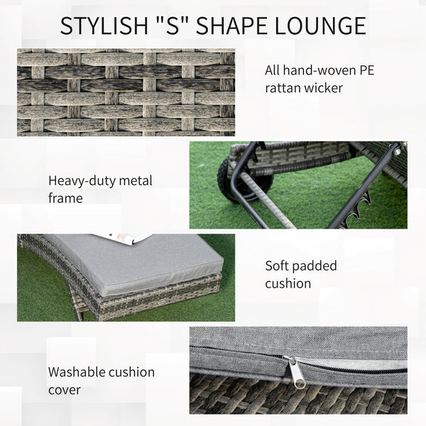 Outdoor Adjustable Wicker Chaise Lounge Chair with Cushion & Wheels for Patio, Deck, Poolside, Grey