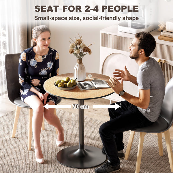 Table de cuisine ronde pour 2 personnes avec placage bois et piètement en acier, couleur naturelle.