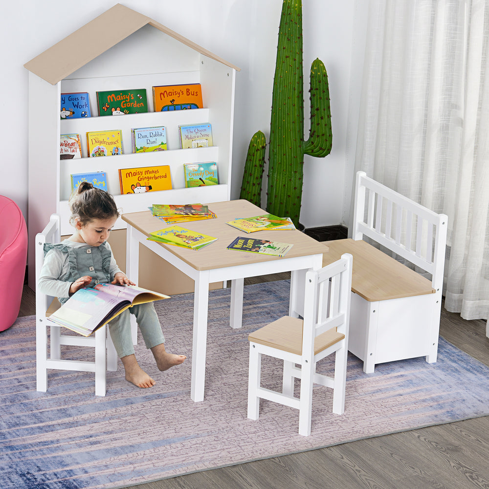 4 Piece Kids Set, Table, Chair, Wooden Bench, Natural and White