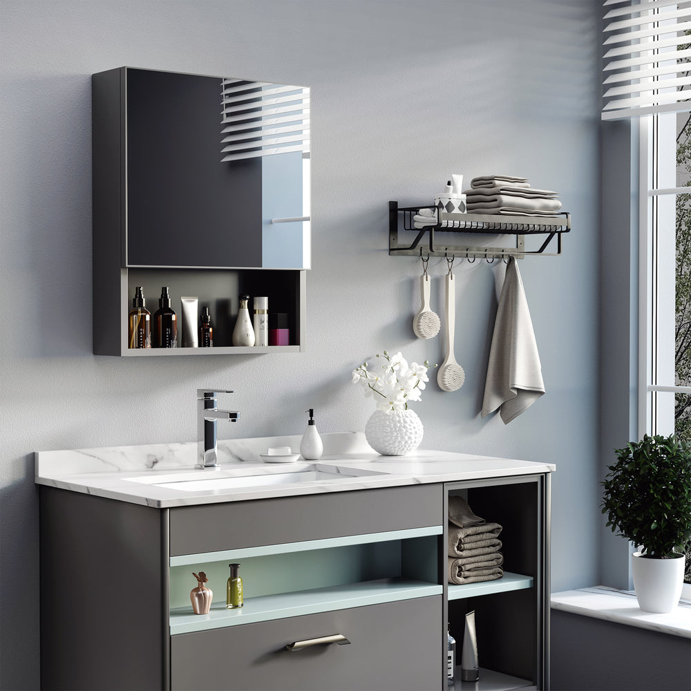 Armoire à miroir murale avec porte simple, étagères de rangement et cadre en acier inoxydable, noire