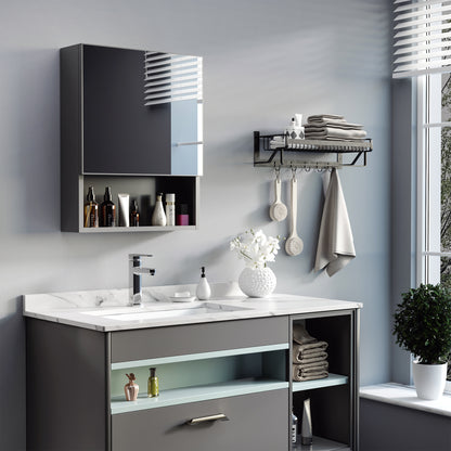 Armoire à miroir murale avec porte simple, étagères de rangement et cadre en acier inoxydable, noire