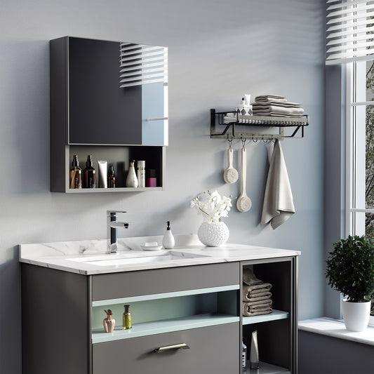 Armoire à miroir murale avec porte simple, étagères de rangement et cadre en acier inoxydable, noire