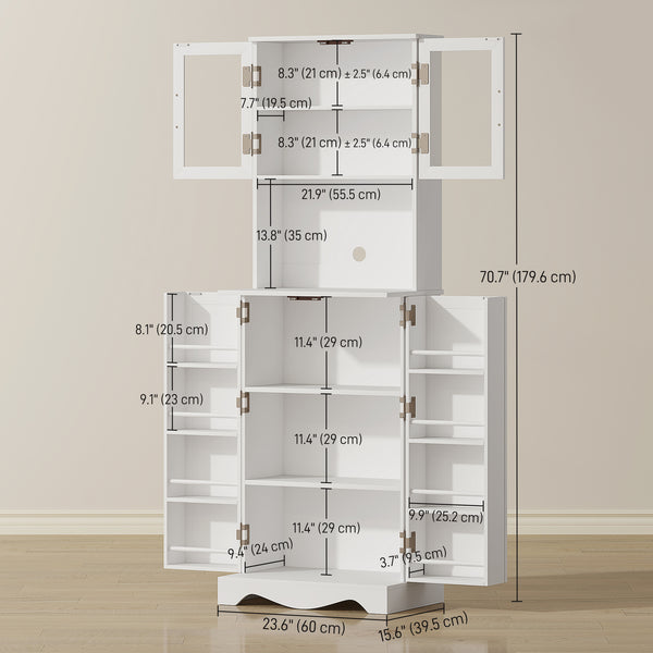 Armoire garde-manger blanche avec portes vitrées, 8 tablettes de porte et espace pour cafetière