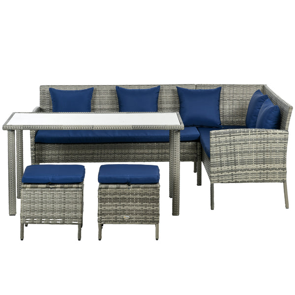 Ensemble de mobilier 5 pièces en résine tressée avec coussins, table et poufs, bleu marine