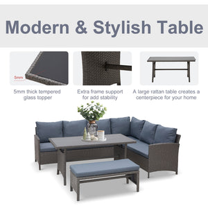 4 Piece Outdoor Patio Rattan Wicker Dining Table Bench Patio Furniture Sofa