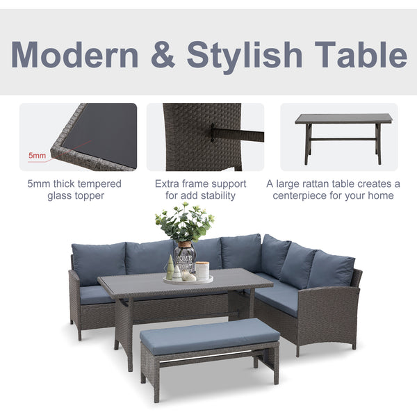 4 Piece Outdoor Patio Rattan Wicker Dining Table Bench Patio Furniture Sofa