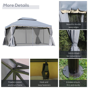 13' x 10' Patio Gazebo Canopy with 2-Tier Polyester Roof, Vented Mesh Sidewall &amp; Strong Aluminum Frame, Gray