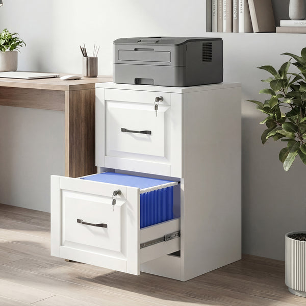 Classeur vertical à 2 tiroirs avec serrure, barres de suspension réglables pour formats A4 et Lettre, blanc