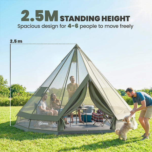 Waterproof teepee tent with stove jack, ideal for 4 to 6 people for camping or hiking, khaki