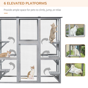 Large outdoor cat enclosure weatherproof with asphalt roof with 6 balanced platforms, 180 x 100 x 180 cm, grey
