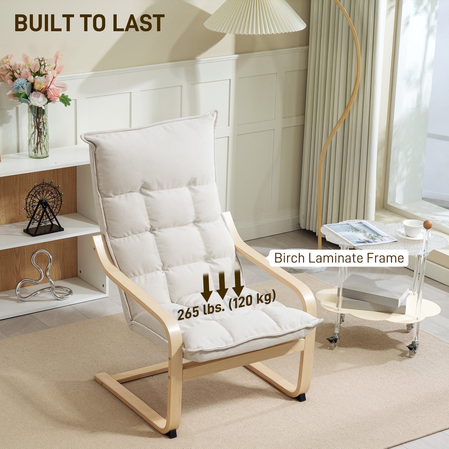 Fauteuil d'appoint rembourré avec pieds et accoudoirs incurvés, blanc crème