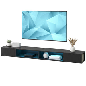 Meuble TV avec lumières LED RVB, centre de divertissement avec étagères ouvertes pour téléviseur de 75 pouces, grain de bois noir