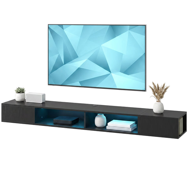 Meuble TV avec lumières LED RVB, centre de divertissement avec étagères ouvertes pour téléviseur de 75 pouces, grain de bois noir