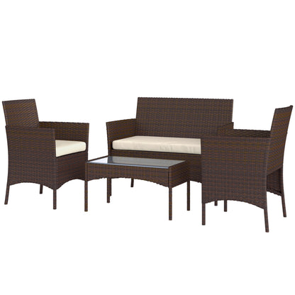 Outsunny 4 Piece Patio Rattan Balcony Wicker Garden Furniture Set with Loveseat, Chairs and Coffee Table in Beige Glass