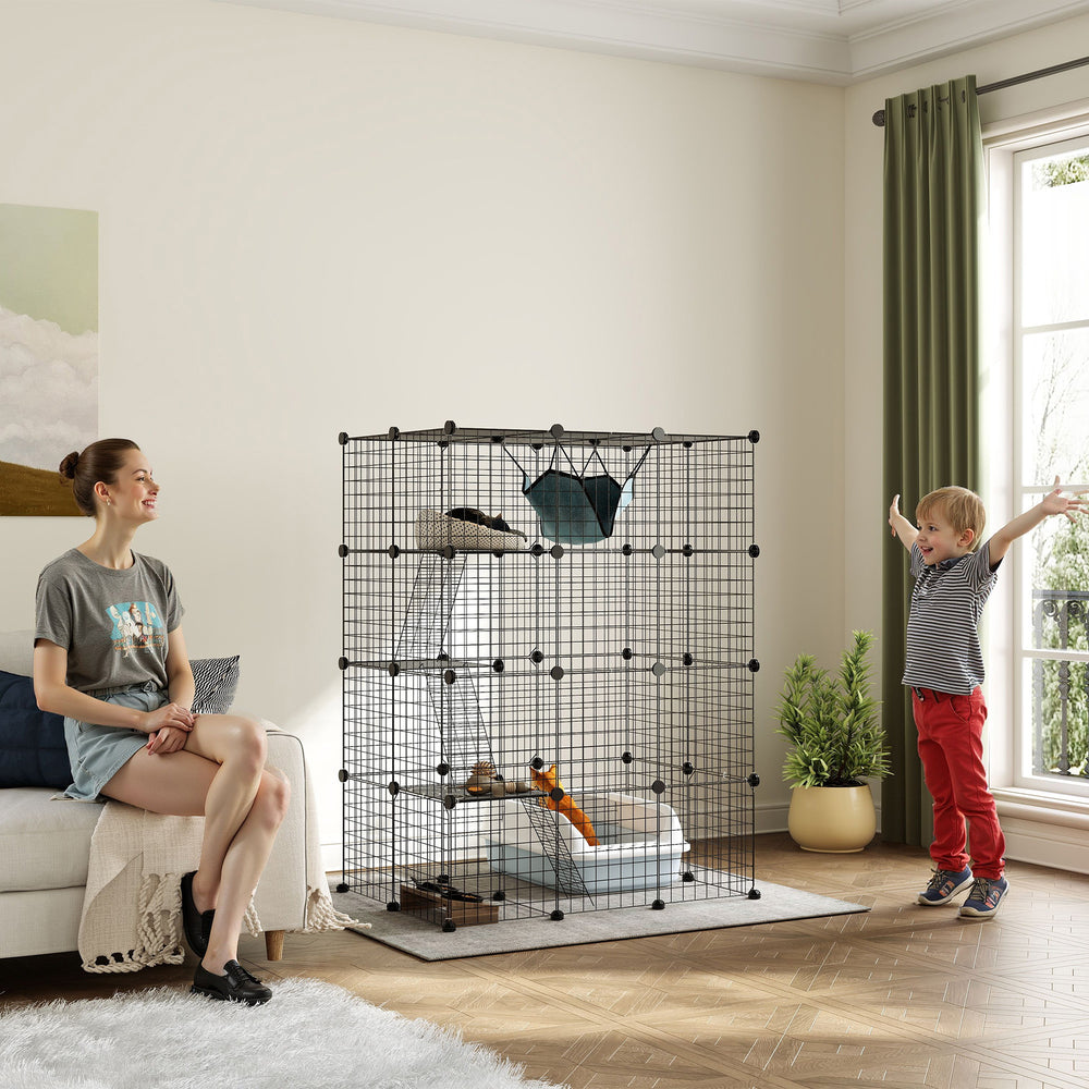 Cage pour chat à 4 niveaux avec hamac, plateformes, rampes et accessoires, noire