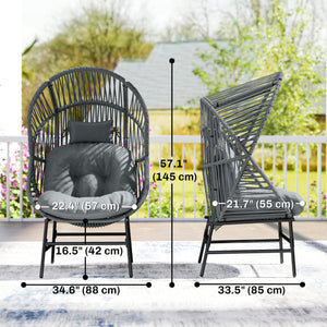 Wicker egg chair with thick cushion, headrest, and steel frame, dark gray