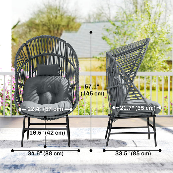 Wicker egg chair with thick cushion, headrest, and steel frame, dark gray