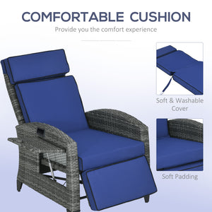 Outdoor Recliner Chair with Adjustable Backrest, Cushion, Side Tray, Dark Blue