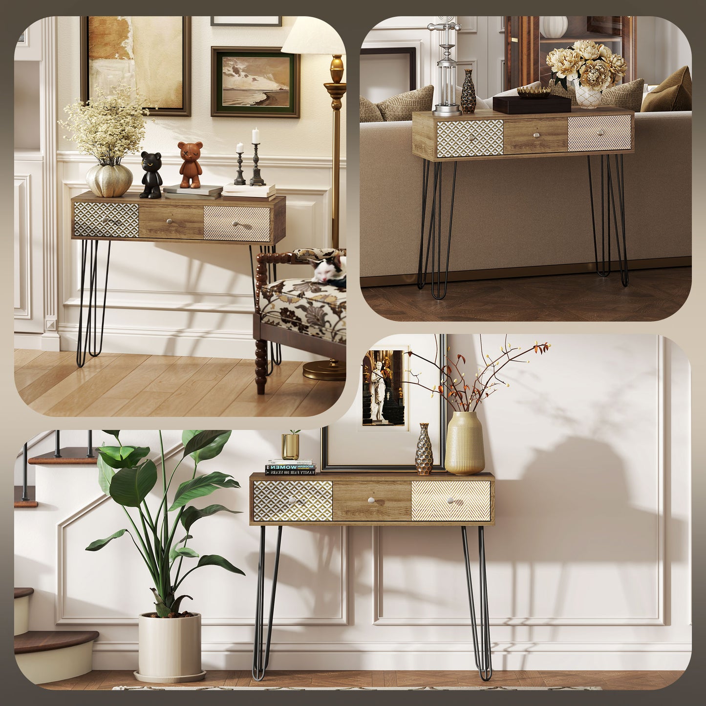 Console avec tiroirs de 89 cm avec pieds en épingle à cheveux, marron