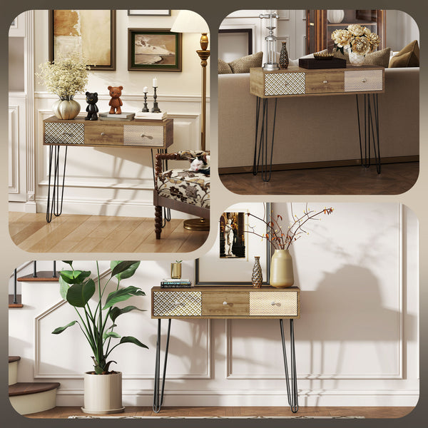 89cm Console Table with Drawers and Hairpin Legs, Brown