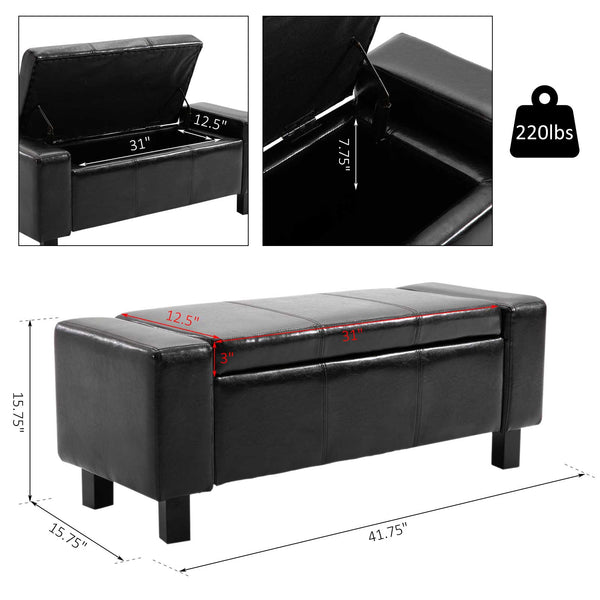 Banc ottoman de rangement rembourré en similicuir de luxe, noir