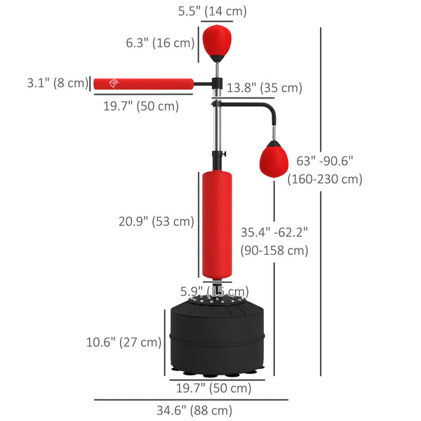 Sac de frappe autoportant 3 en 1 réglable en hauteur avec 2 balles de vitesse, barre réflexe 360°, rouge
