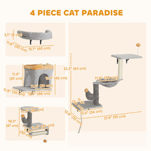 Mur d'escalade pour chats avec griffoirs, niche, hamac et perchoirs, gris clair