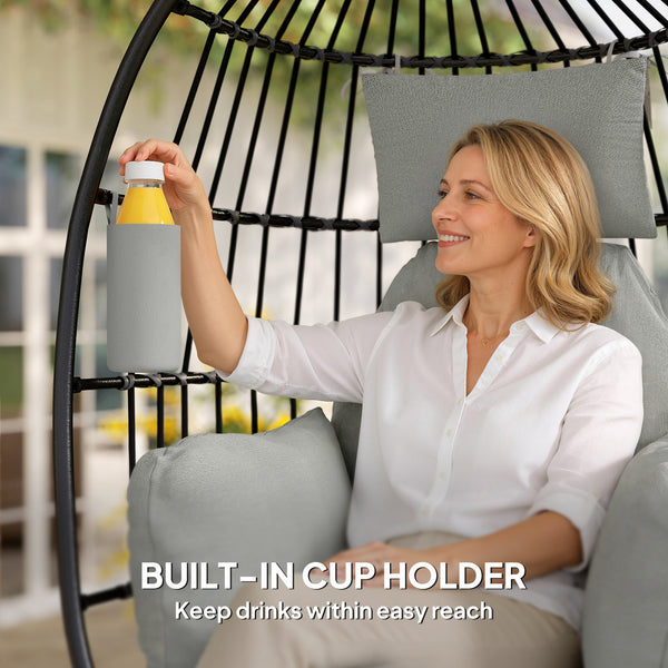 Hanging Egg Chair Without Stand, Foldable Basket Swing Chair with Head Pillow, Soft Cushion and Cup Holder, Dark Grey