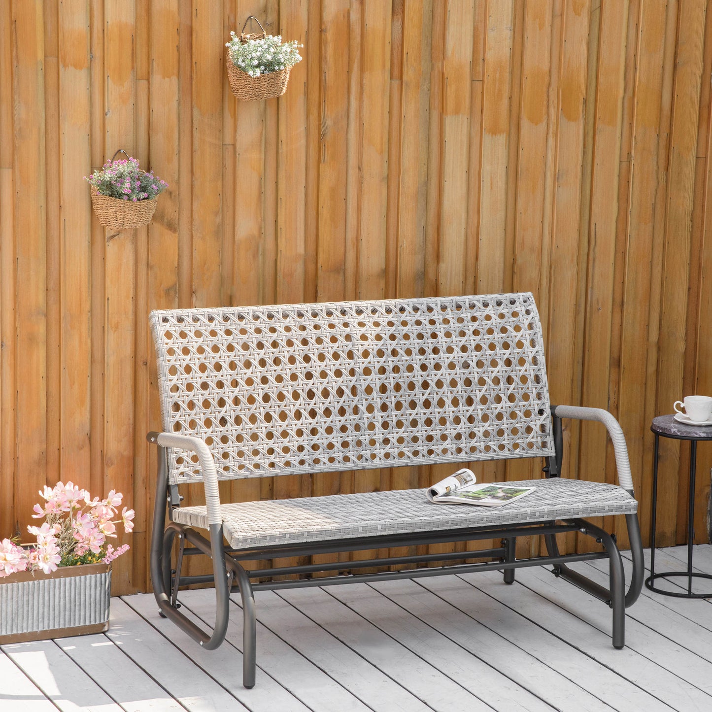 Outsunny 2-Person Outdoor PE Rattan Swing Glider Chair, Patio Garden Loveseat Rocking Bench, w/ Extra Wide Seat &amp; Curved Backrest |