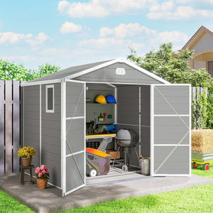 Abri de jardin en plastique avec porte à loquet, aérations, toit incliné, gris clair