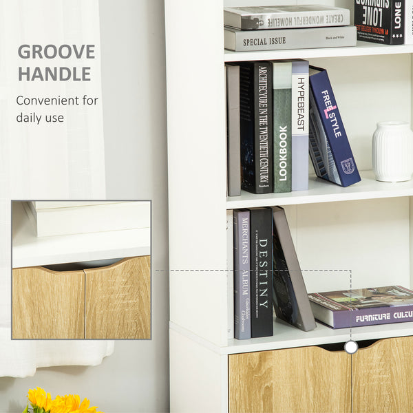 Bibliothèque ouverte à 4 niveaux avec portes pour salon, salle de bain, bureau, chêne