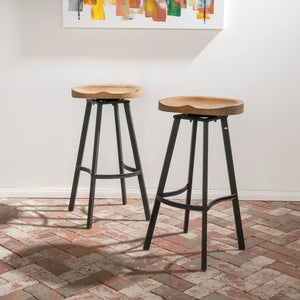 Ensemble de 2 tabourets de bar pivotants de style industriel avec cadre en fer finition rouille, assise en pin, aucun assemblage requis, naturel