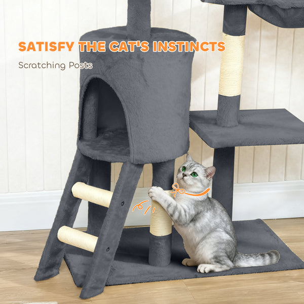 Cat tree with scratching posts, cat house, perches, ladder, hammock, hanging toys, dark grey