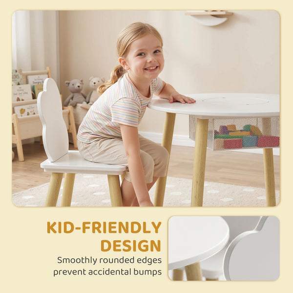 Ensemble table et chaises pour enfants 3 pièces, comprenant une table d'activités, des chaises en forme de nuage et un sac en filet.
