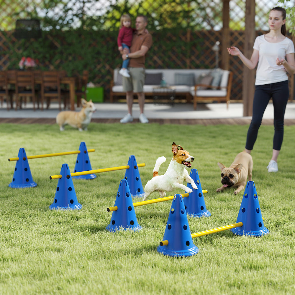 Dog Agility Hurdle Cone Set, Adjustable Obstacle Course Equipment with 8 Cones & 8 Poles, Carry Bag, Blue