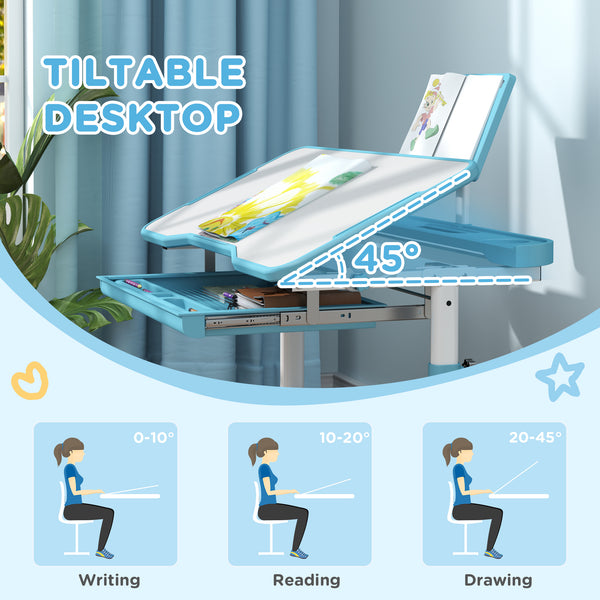 Ensemble bureau et chaise pour enfants à hauteur réglable avec plateau inclinable, bleu