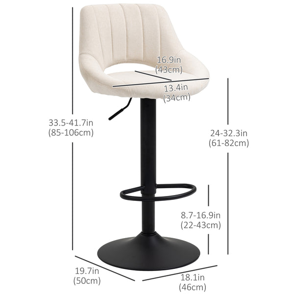 Lot de 2 tabourets de bar pivotants et réglables en hauteur, avec revêtement en lin et repose-pieds, couleur crème
