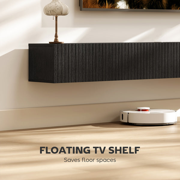 Floating wall-mounted TV unit for TVs up to 72 inches with 2 fluted drop-down doors, black