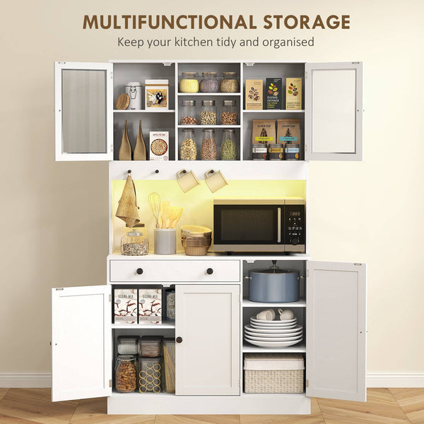 Armoire de cuisine haute avec éclairage LED, étagères, tiroir, portes, blanc
